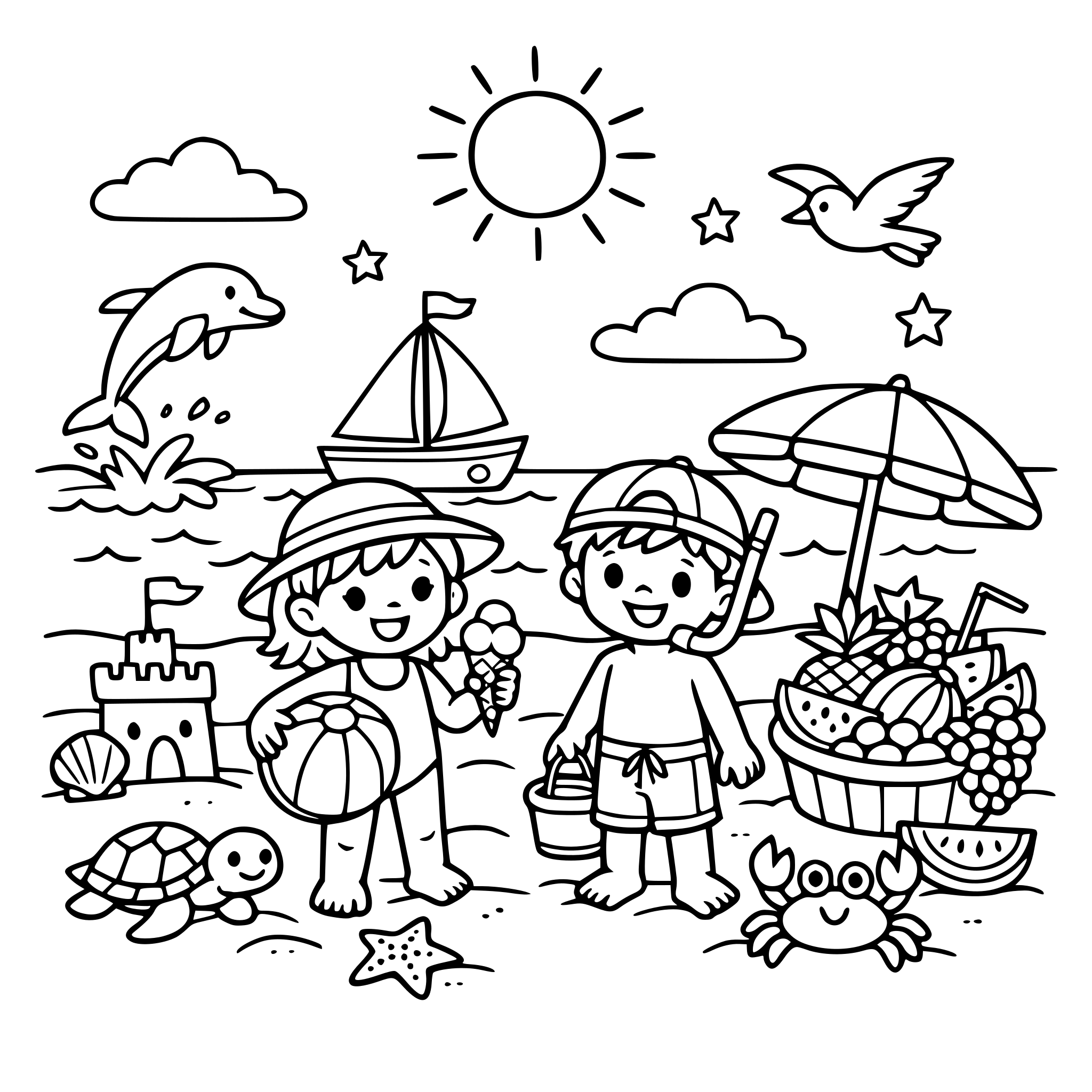 la plage, un bateau, des enfants, des fruits, des animaux tout ce qui symbolise les vacances à la mer