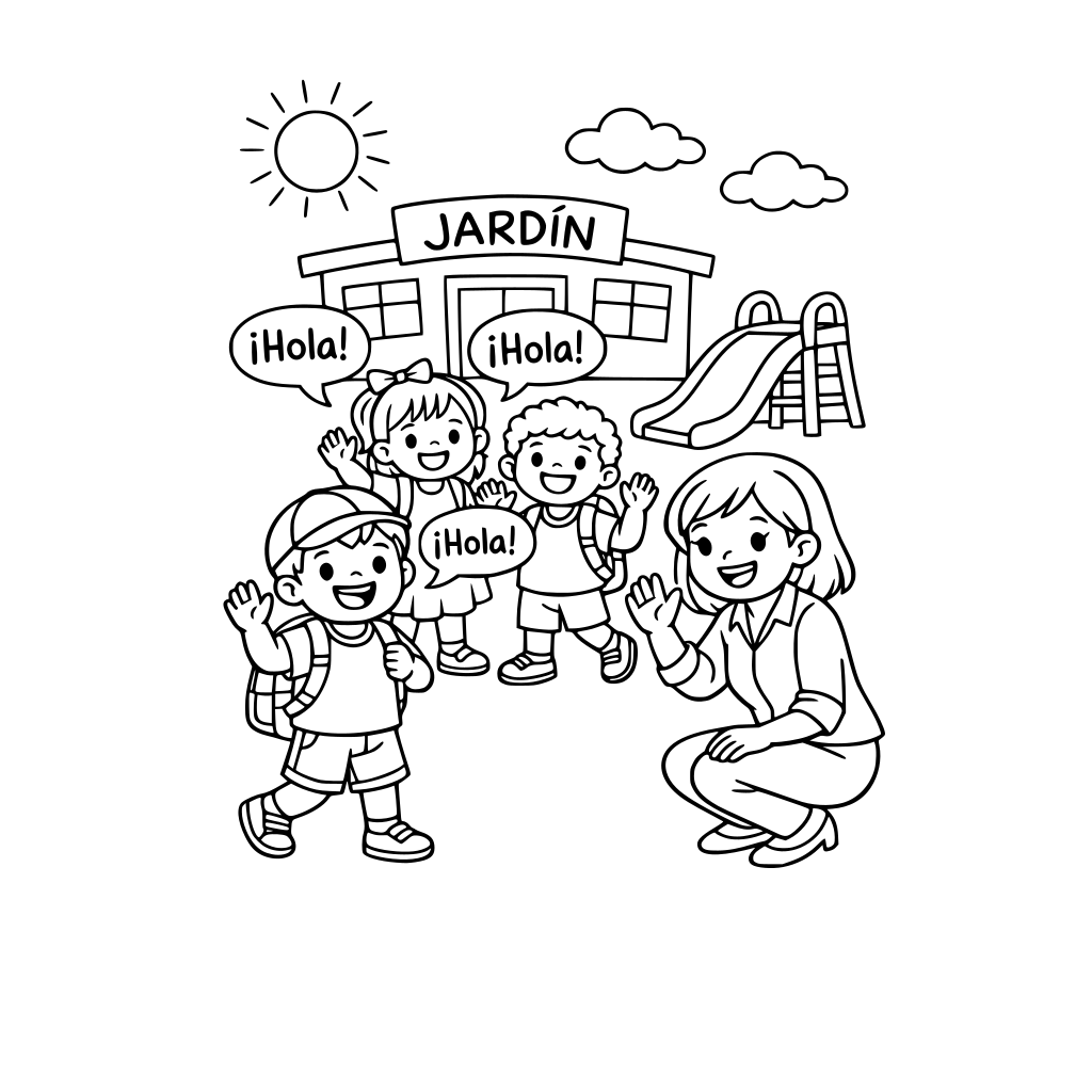 niños felices llegando al jardín de infantes y diciendo hola a la maestra