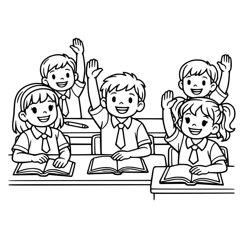 Estudiantes, niños y niñas de 7 años, con uniforma escolar, en una sala de clases, levantando la mano para participar