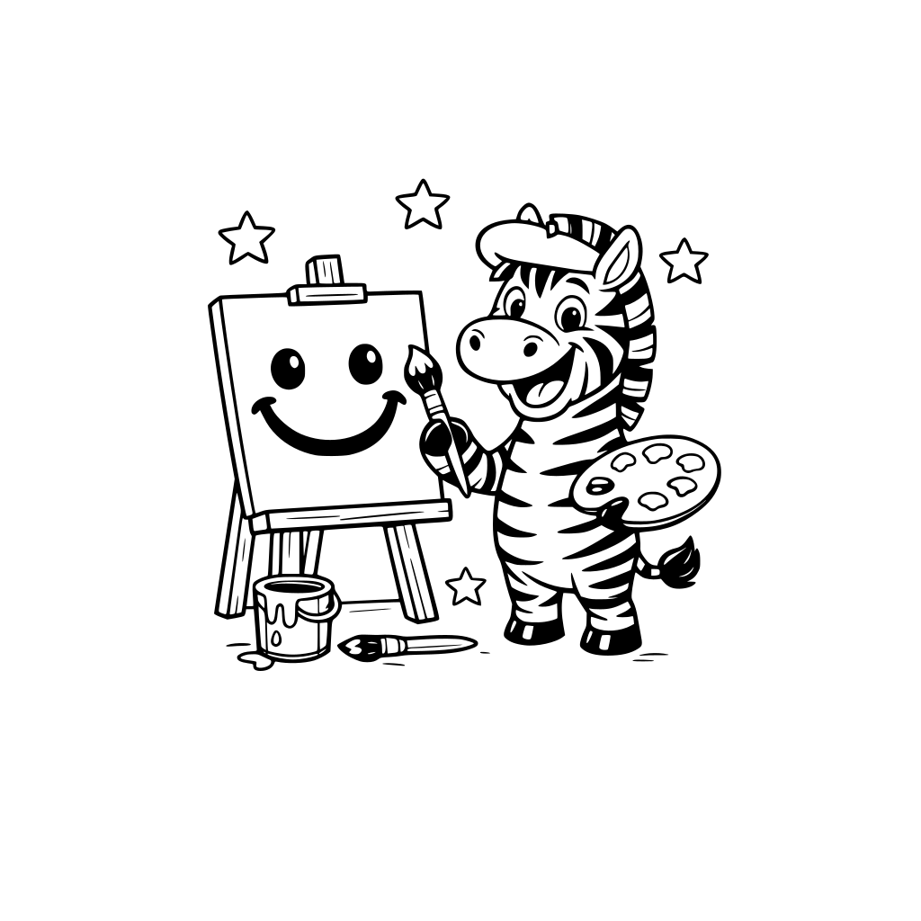 A funny zebra who tried painting but could only paint a big happy smile face