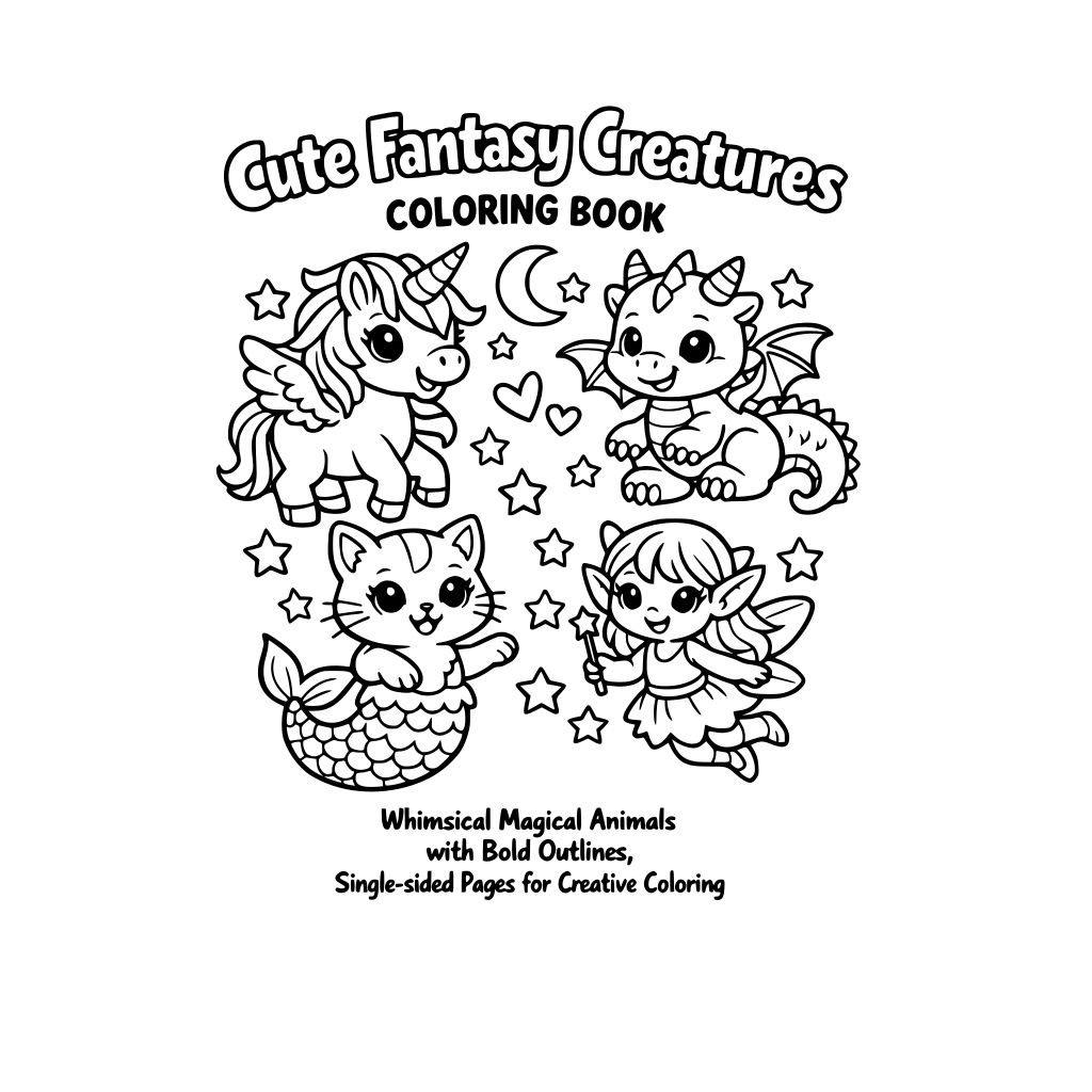 Create a title page for my coloring book. “Cute Fantasy Creatures Coloring Book” Description-“Whimsical Magical Animals with Bold Outlines,Single-sided Pages for Creative Coloring” Fun comic style