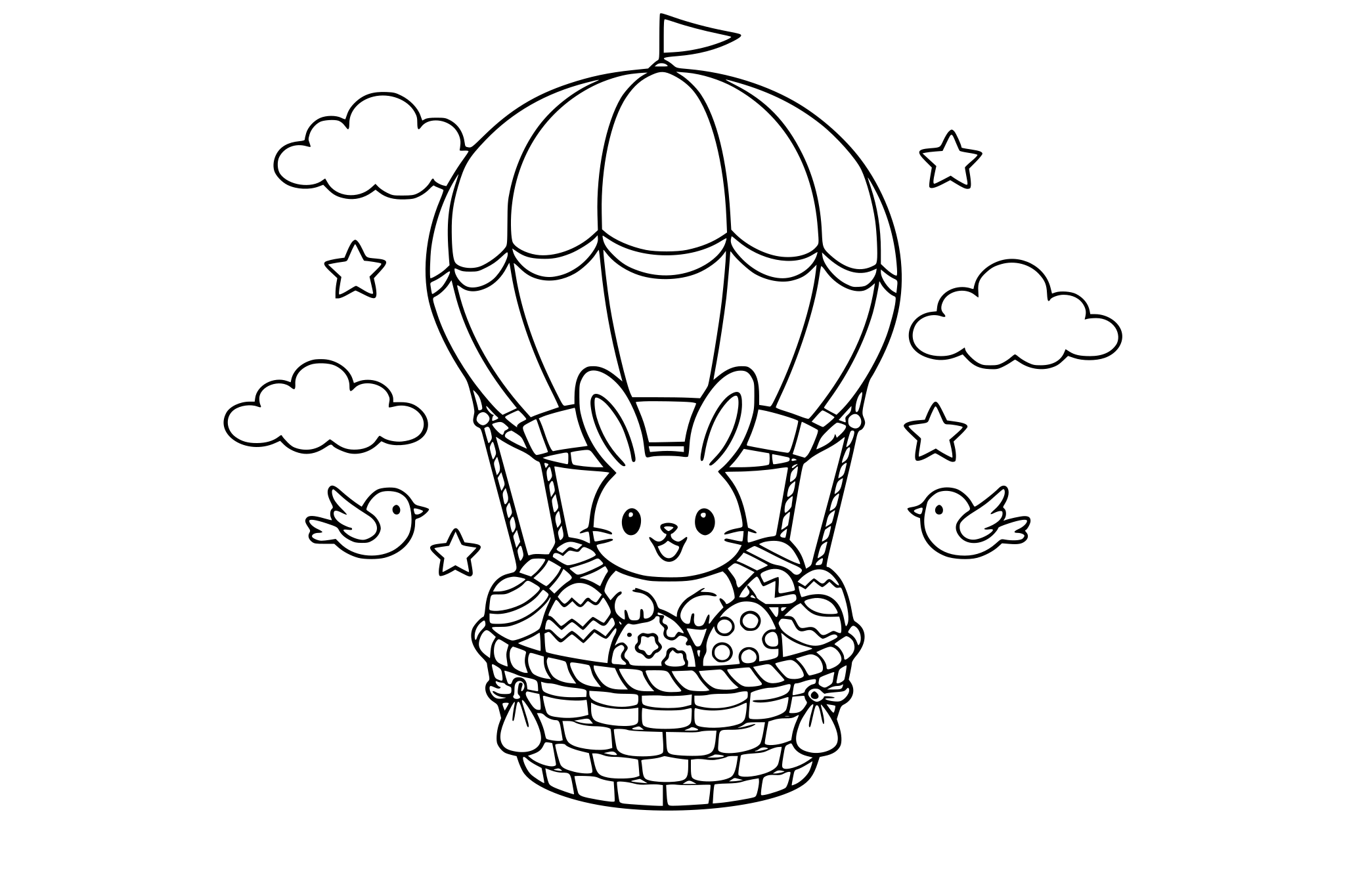 a bunny in an air balloon basket in the sky. The basket the bunny is in is full of easter eggs.
