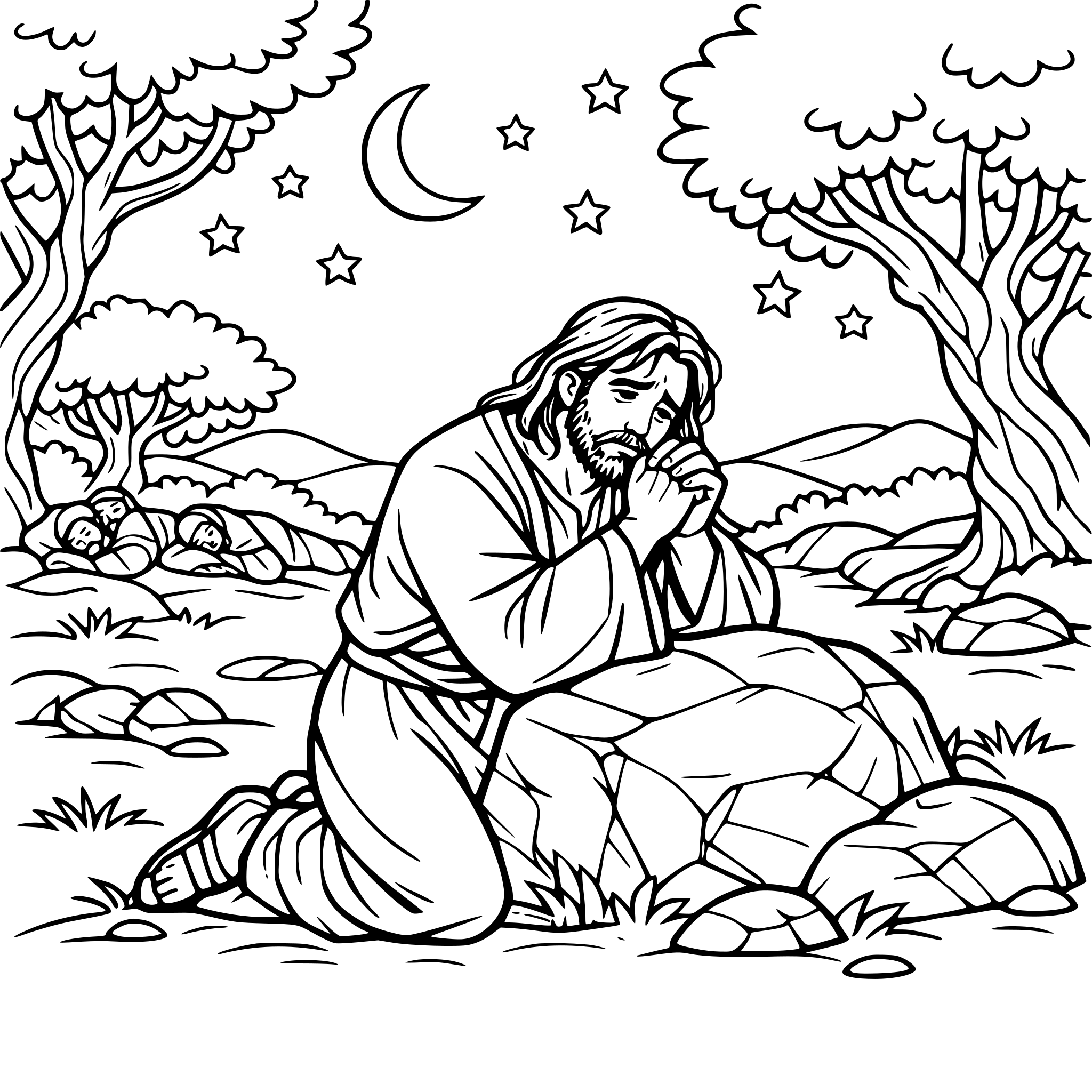 Jesus praying kneeling in a garden full of trees at night, the disciples far away sleeping, make jesus look tired and worried, include trees and rocks, landscape items and make it nighttime
