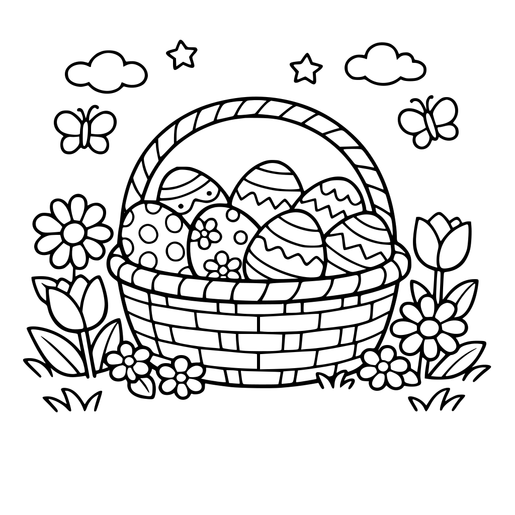 Basket full of decorated Easter eggs, flowers around the basket, simple spring scene, bold black outlines, large coloring spaces, clean coloring book page for kids.