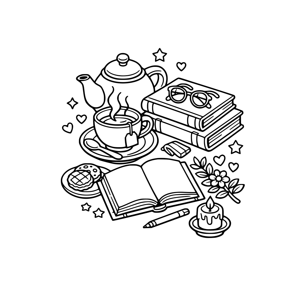 draw a cute and cozy coloring page for me: Black and white coloring page for adults, a cozy scene with Tea & books. thick bold black outlines, clean white background, closed lines, no shading, no gradients, vector art style, simple, 3d isometric, high contrast, 4:5 aspect ratio.