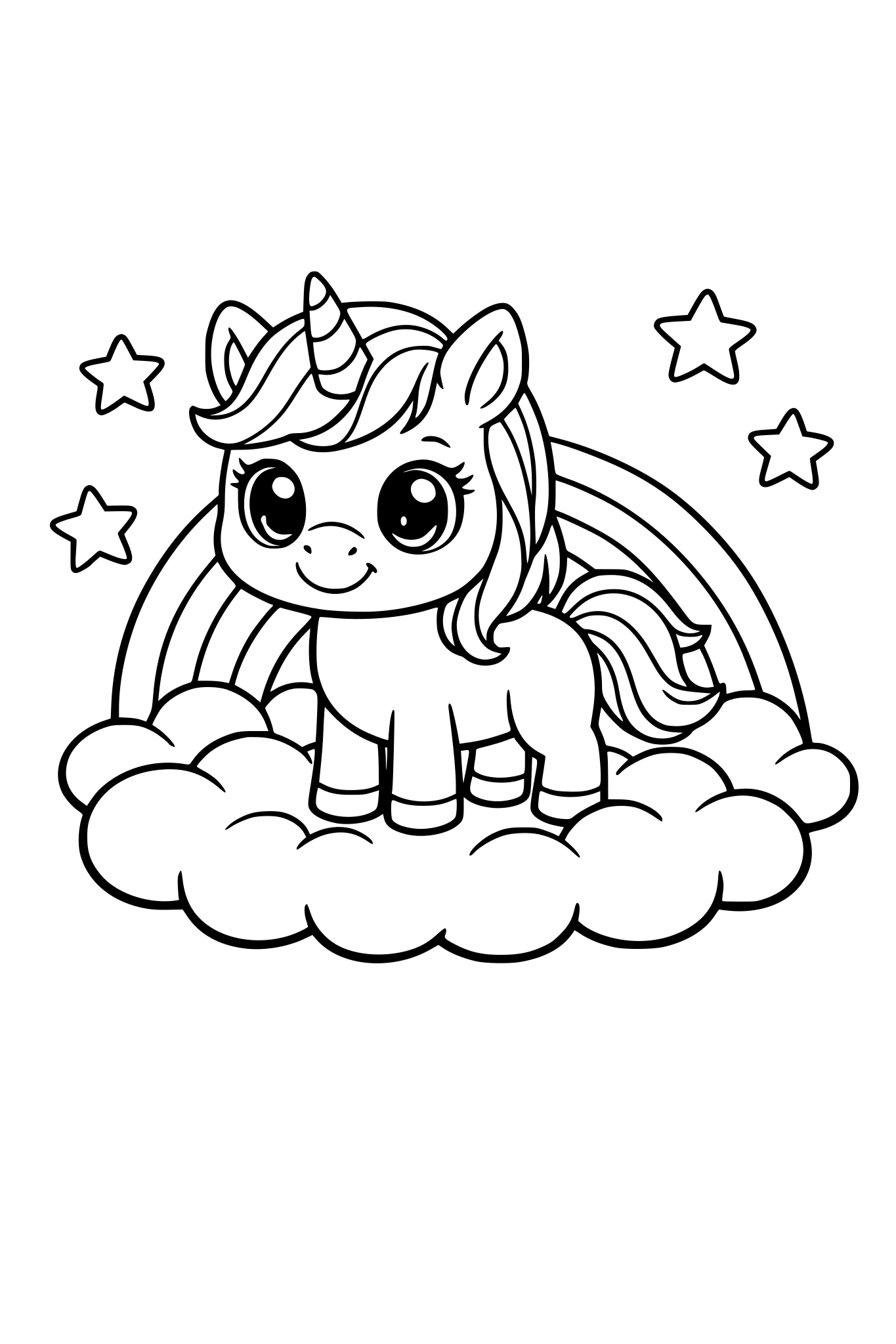 cute unicorn with big eyes standing on a cloud with stars and a rainbow simple coloring book page for kids thick black outlines no colors white backgrounds cazrtoon style easy to color