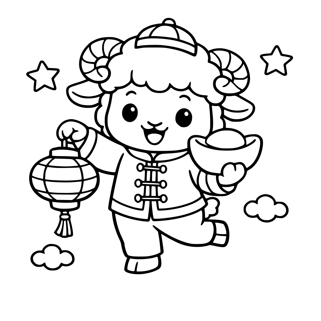 This drawing depicts a sheep, a traditional Chinese New Year theme, dressed in traditional Chinese clothing (in a cute, anthropomorphic style, standing upright), carrying a lantern and a gold ingot. Its lively posture and simple design make it suitable for children's coloring.