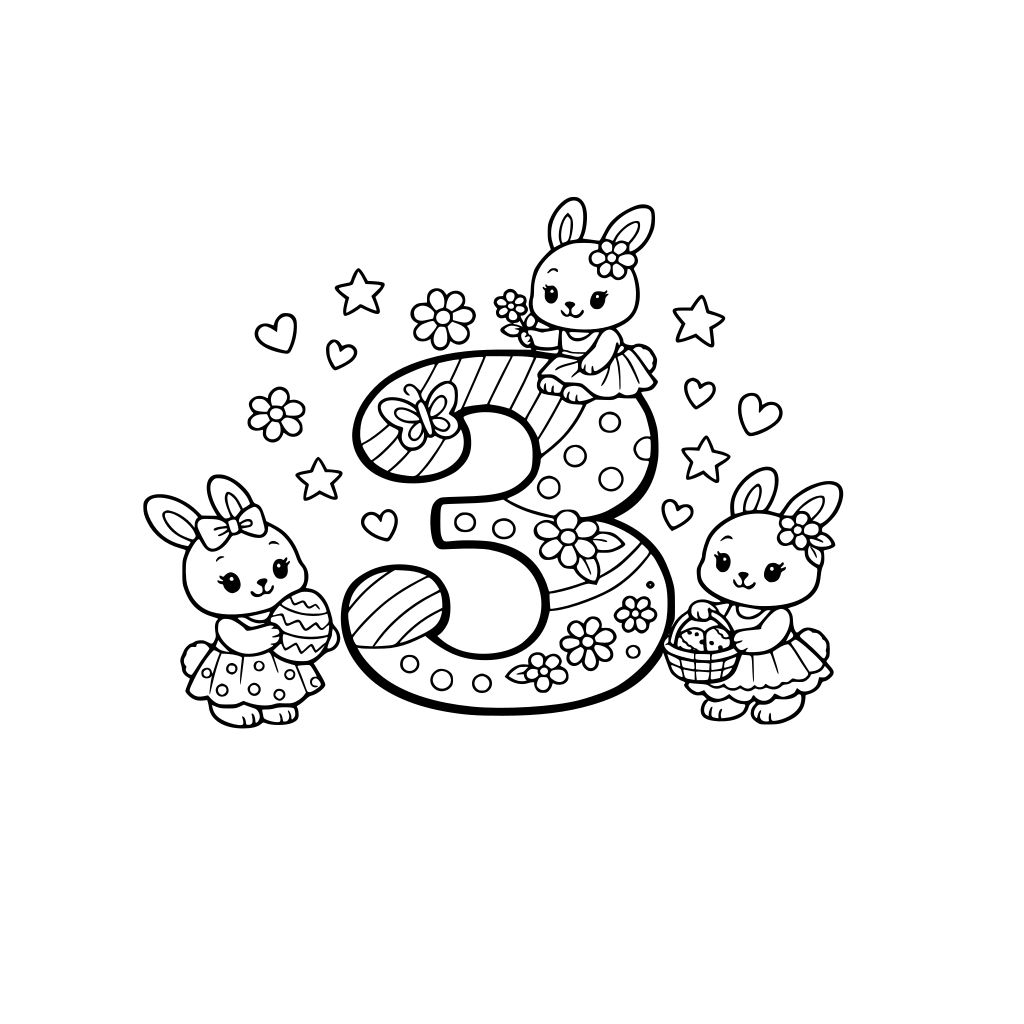 large number 3 with decorations, with cute bunnies in dresses around it