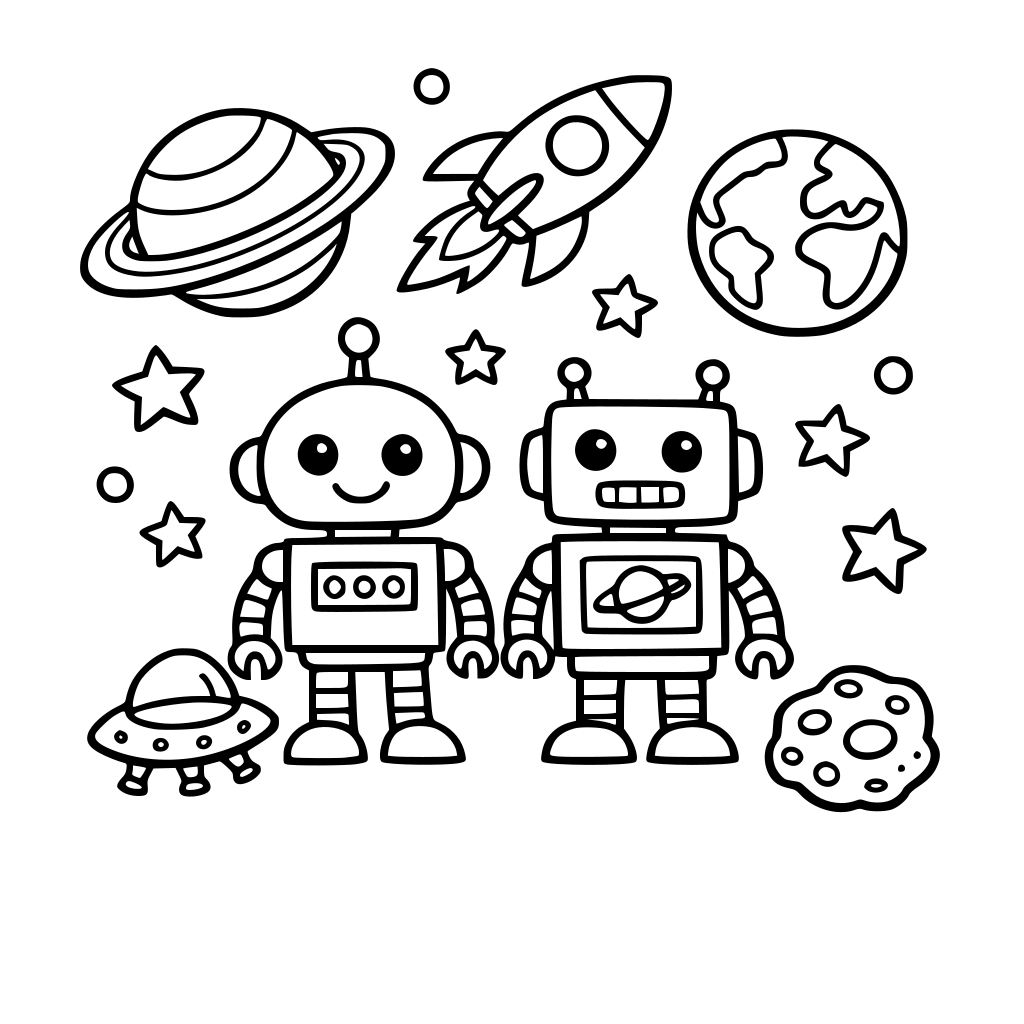 space, planets, stars, robots, simple