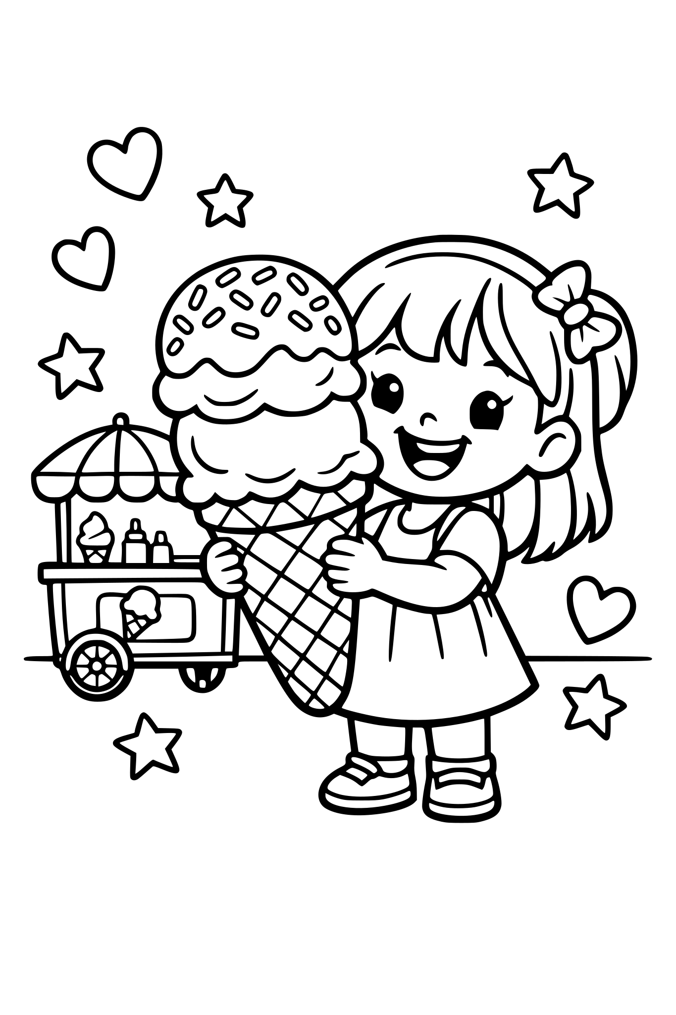 cute kids coloring page, smiling girl holding a very big ice cream cone with three scoops, sprinkles on top, small ice cream cart behind her, hearts and stars around, simple shapes, thick outlines, kids coloring book line art