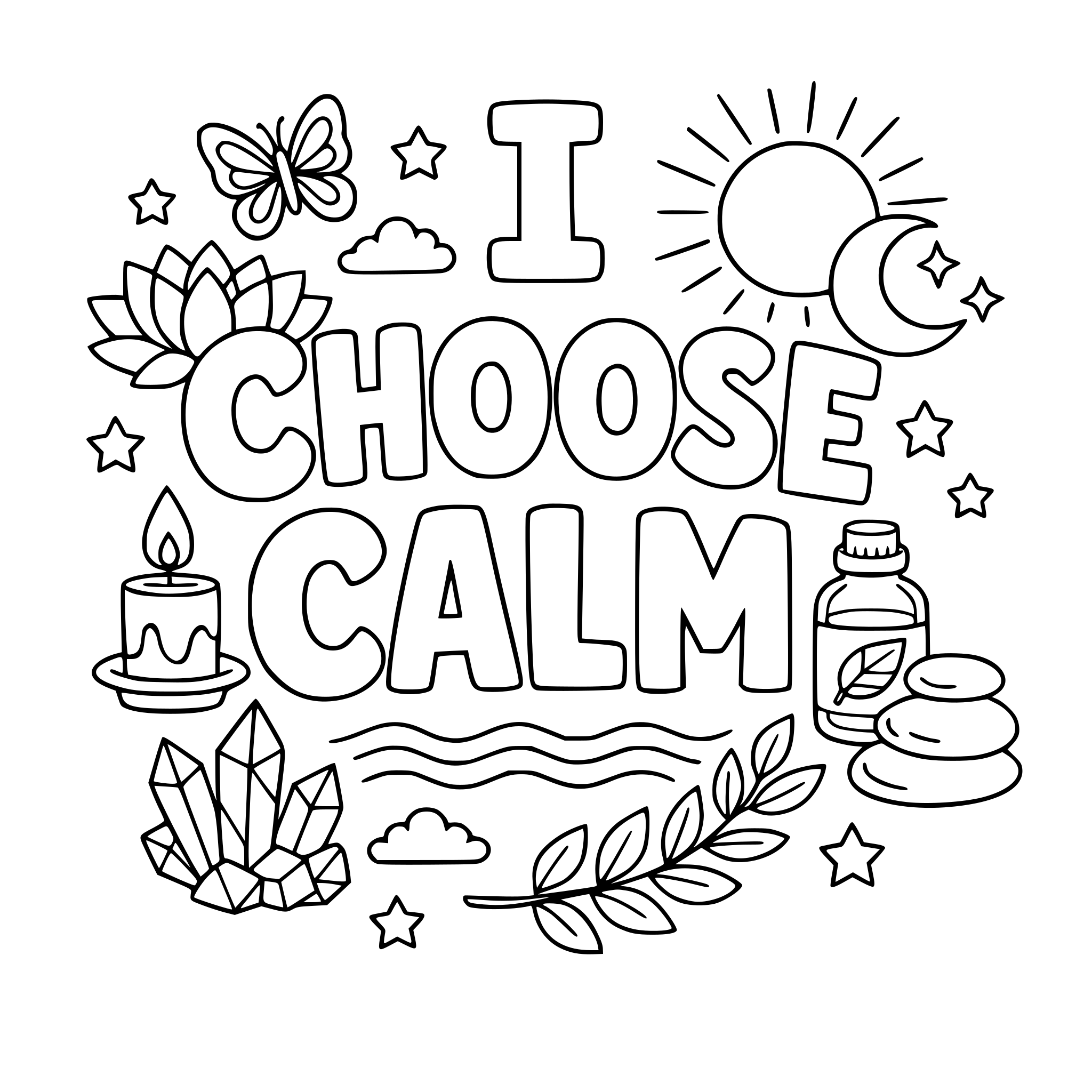 "I choose calm" coloring letters with items around the letters that work with the lettering.