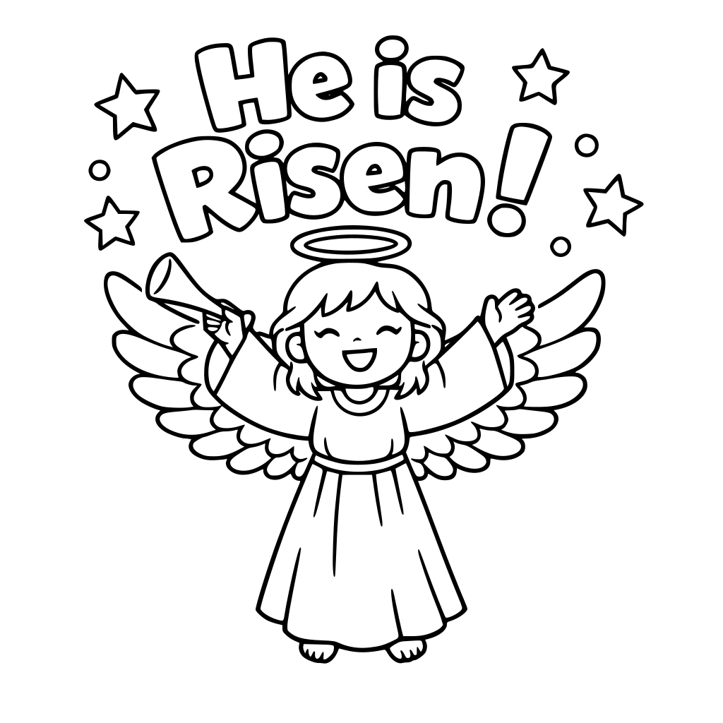 Angel saying “He is Risen!” in bubble letters