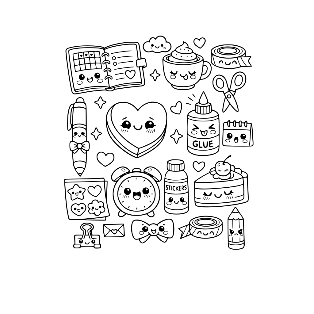 kawaii planner spread items. each item has a cute kawaii facial expression. do not repeat items. do not repeat facial expressions.