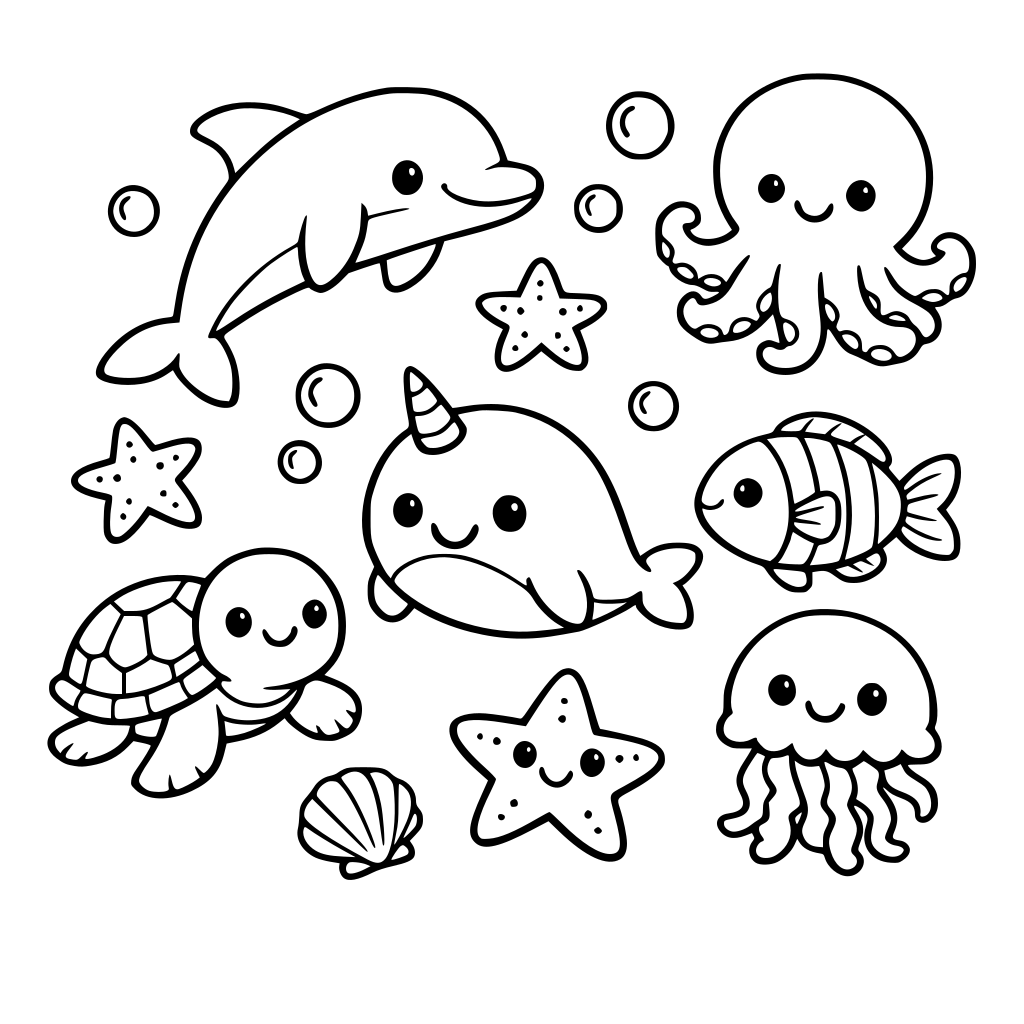 cute sea creatures, cartoon style