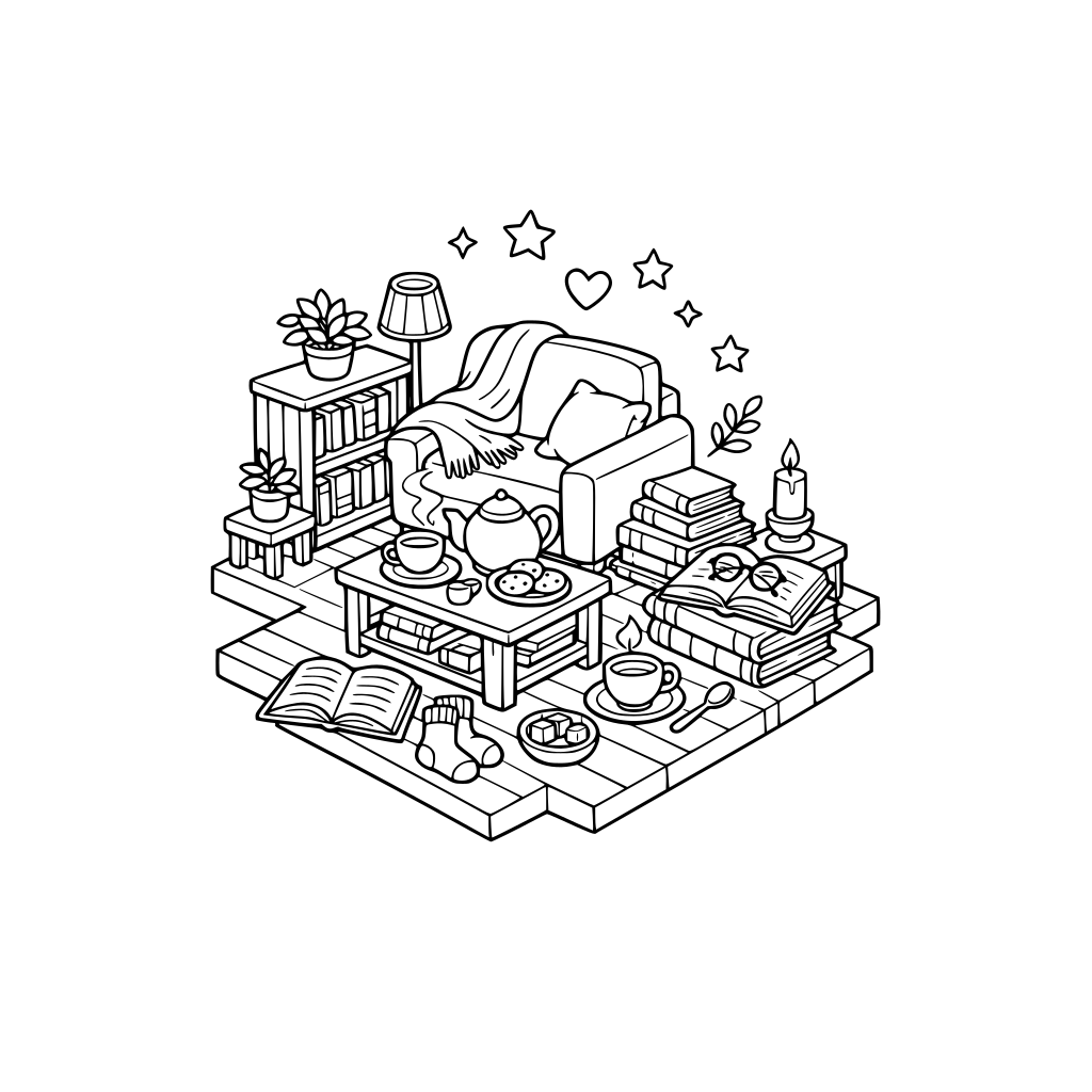 cute and cozy, Tea & books, corner 3d isometric