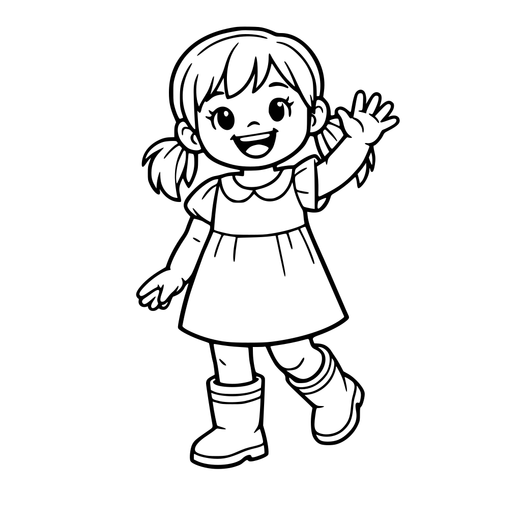 Little girl happy and waving. Wearing dress and rainboots