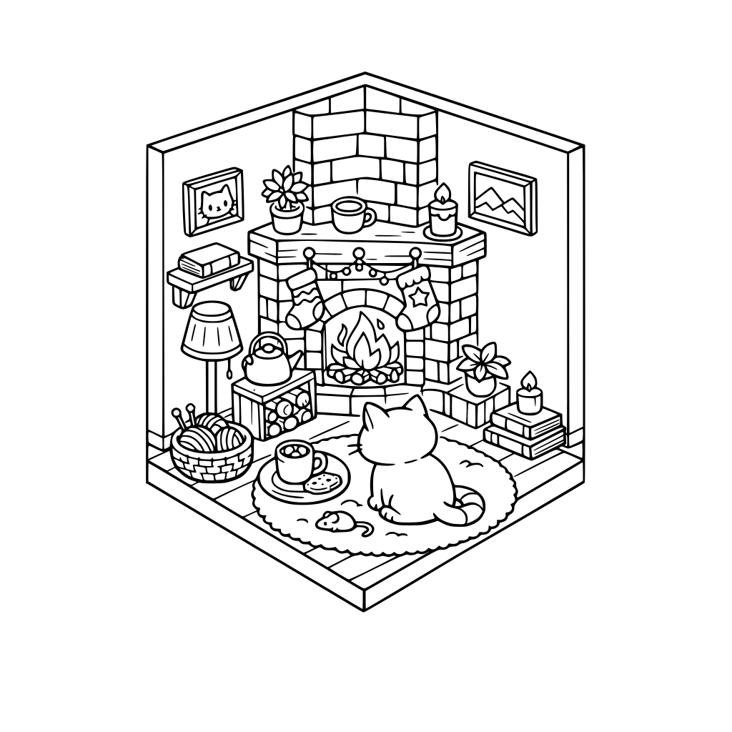 cute and cozy style, Cat by fireplace, corner, 3d isometric