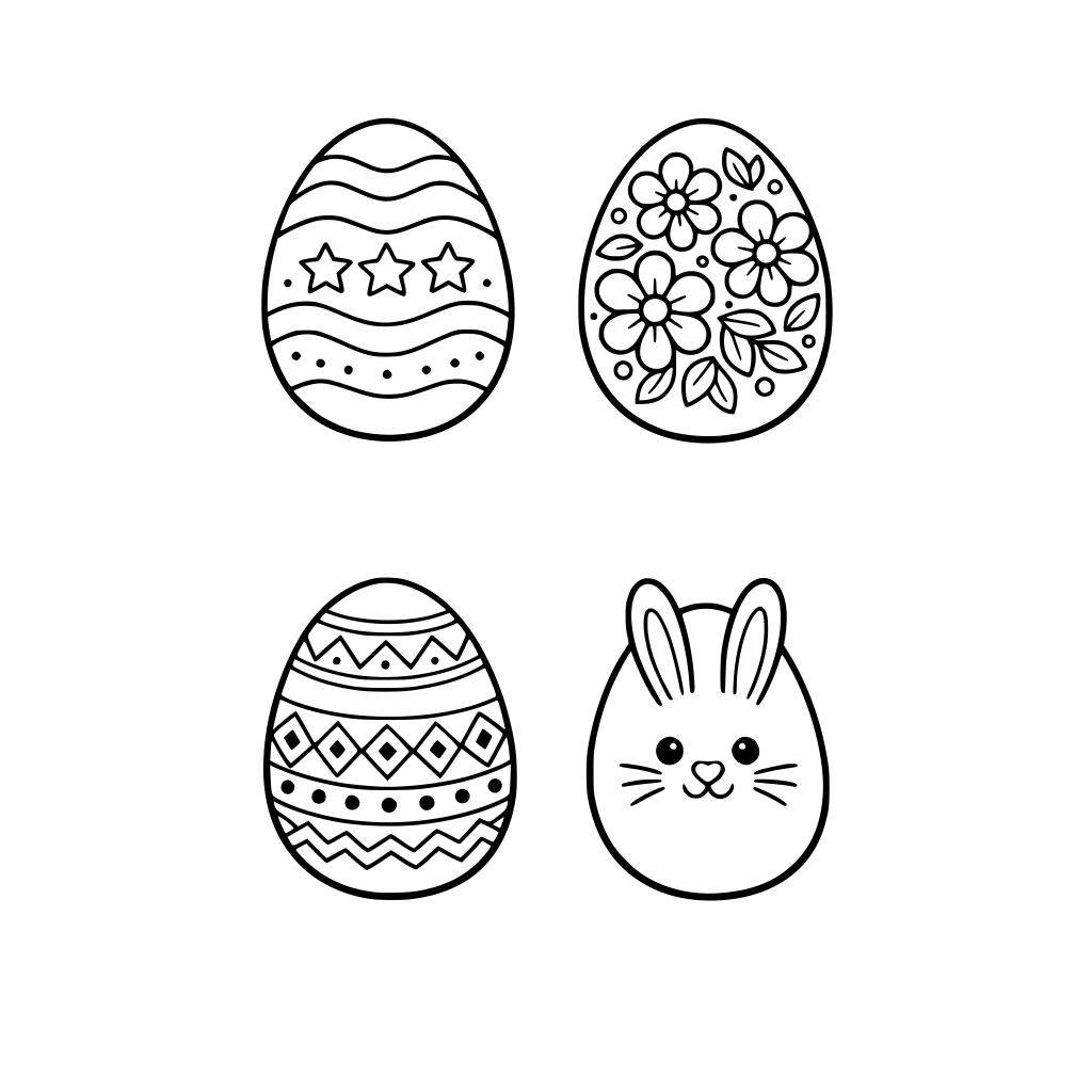 Create me 4 easter eggs per page. Use 3 pen width, black and white only, I only need the strokes to be colored after.