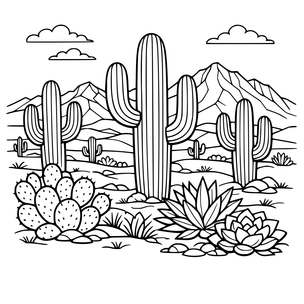 A desert landscape with saguaro cacti, succulents and mountains in the background