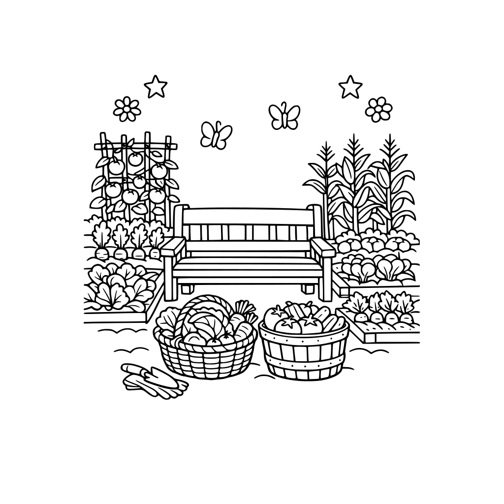 vegetable garden with bench and baskets