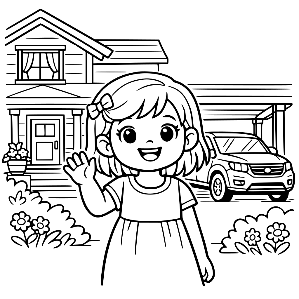 A cute little girl waving hand in front of beautiful home, a cozy warm cinematic style background. A car parked in the porch.