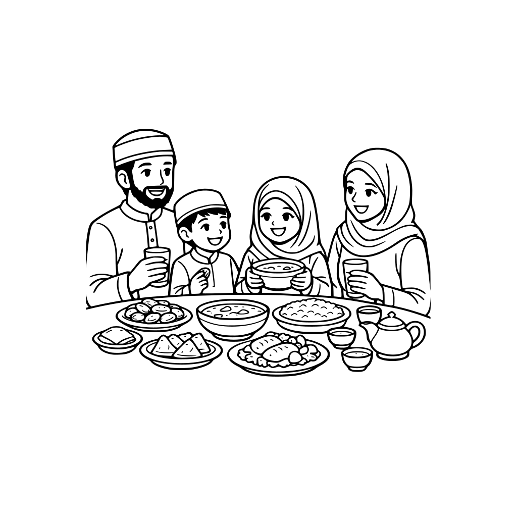 een familie aan een iftar tafel