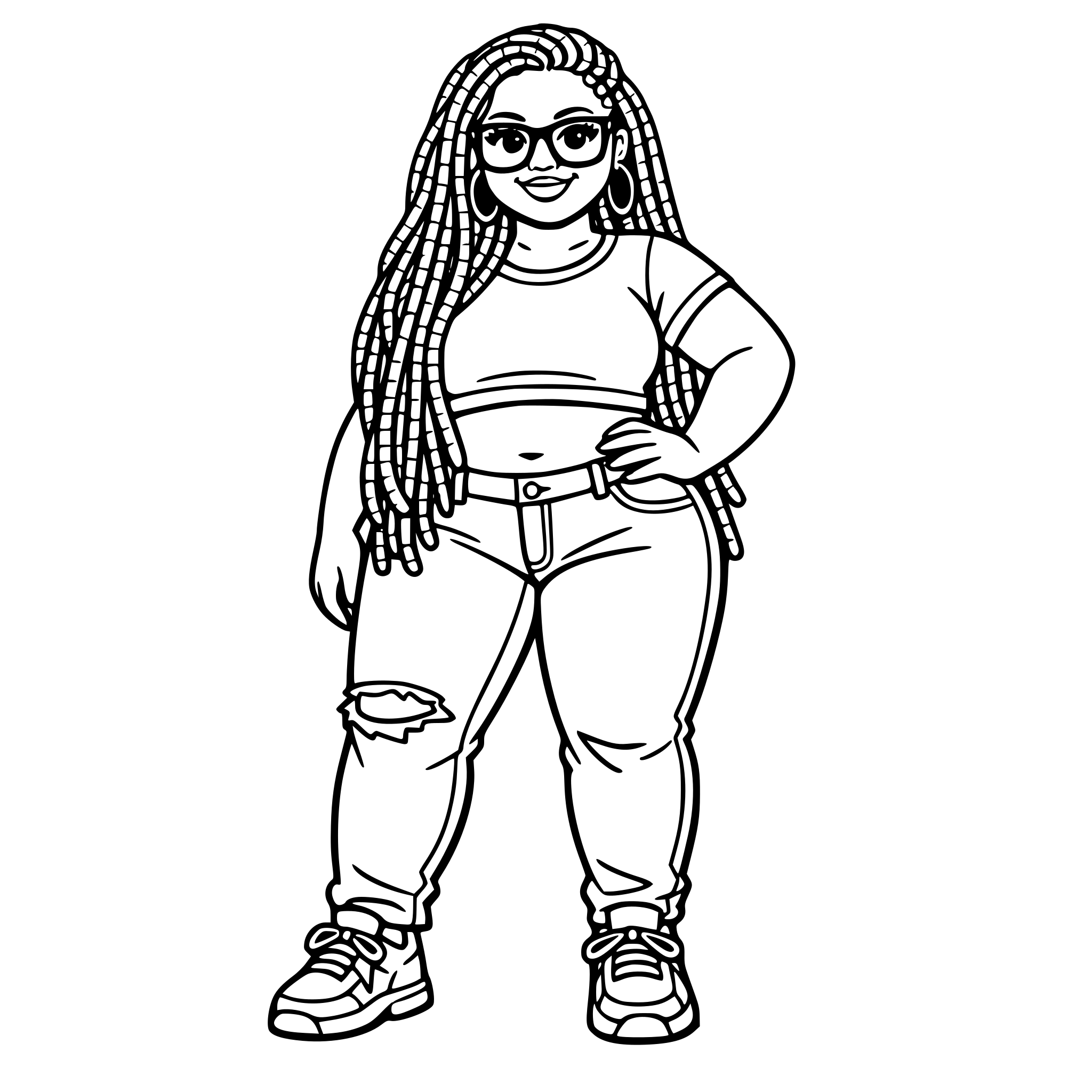 Urban chub female with long locs, large glasses, wearing a crop top with jeans and tennis shoes