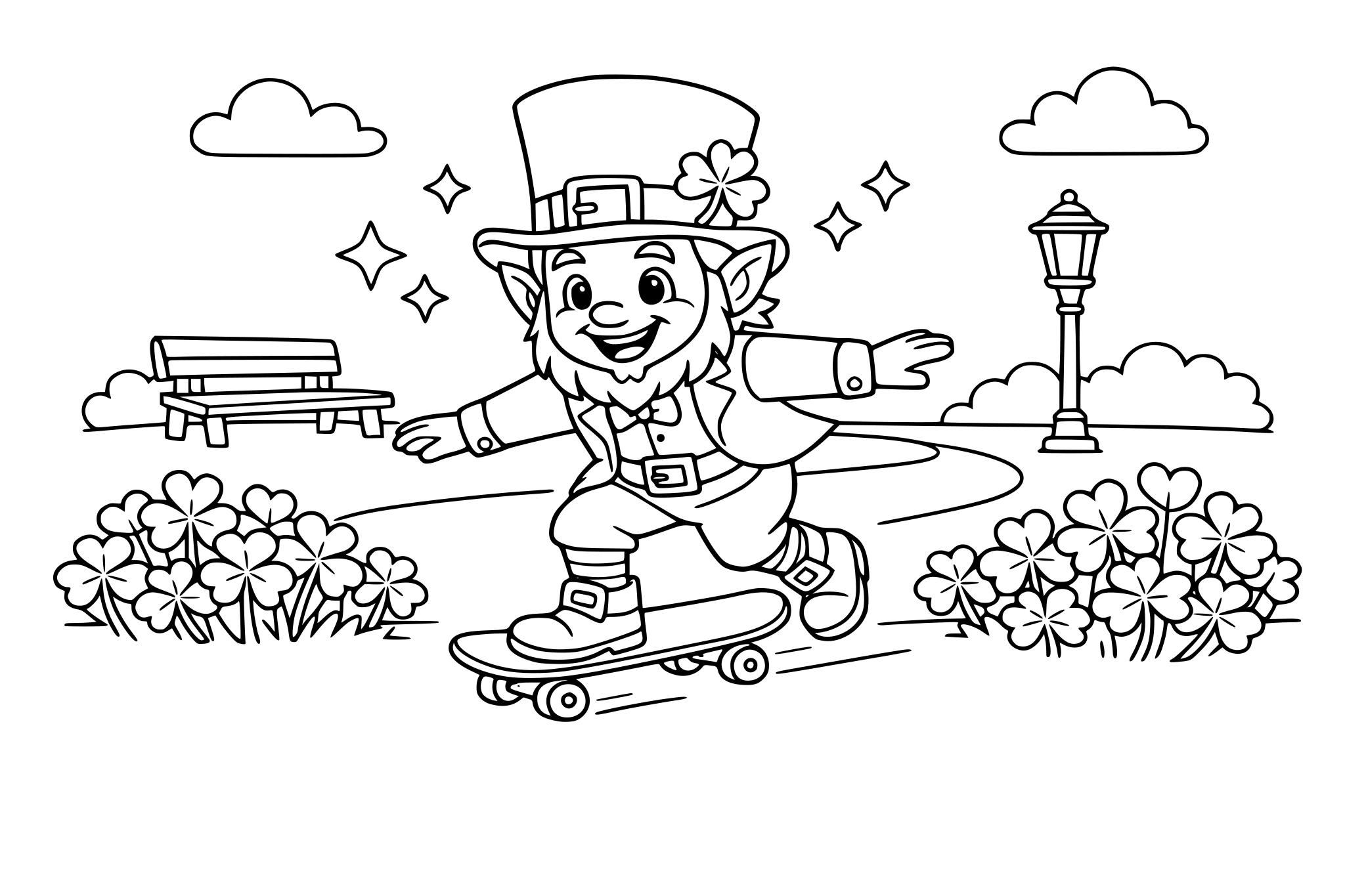 Leprechaun skating in a park with clover