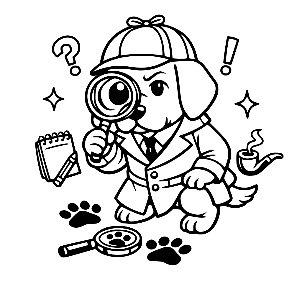 distinguished detective dog using a magnifying glass to search for clues