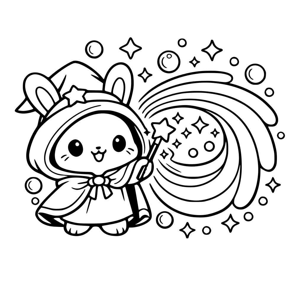 make cartoon kawaii style art of Bunny wear magician hood and hat holding a wand, making a rainbow swirl appear. Rounded rainbow arcs, sparkles, and floating bubbles.