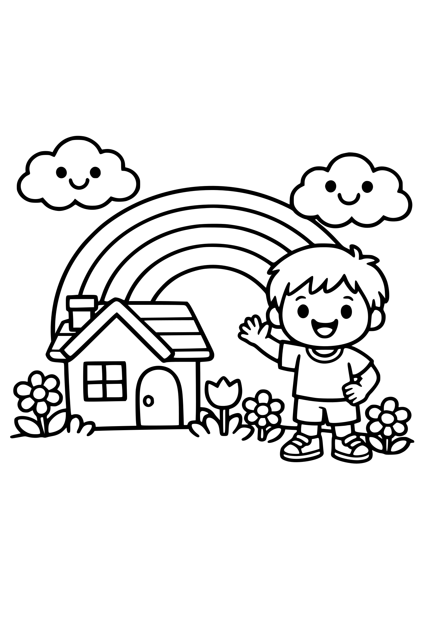 cute kids coloring page, happy child standing next to a big rainbow over a small house, smiling clouds and flowers, simple shapes, thick outlines, kids coloring book style, black and white line art