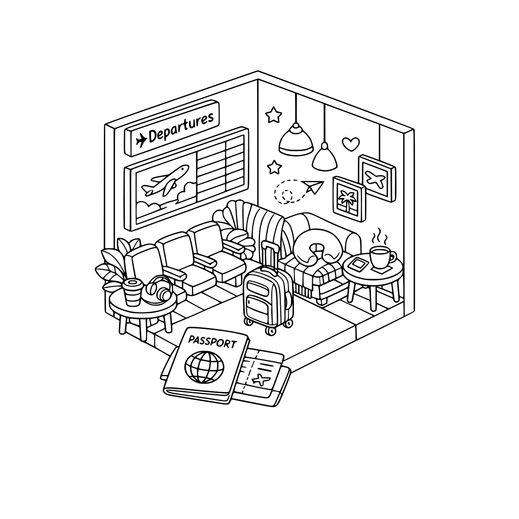 hygge style, cute and cozy, 3d isometric, corner, airport departure lounge, passport, rolling suitcase