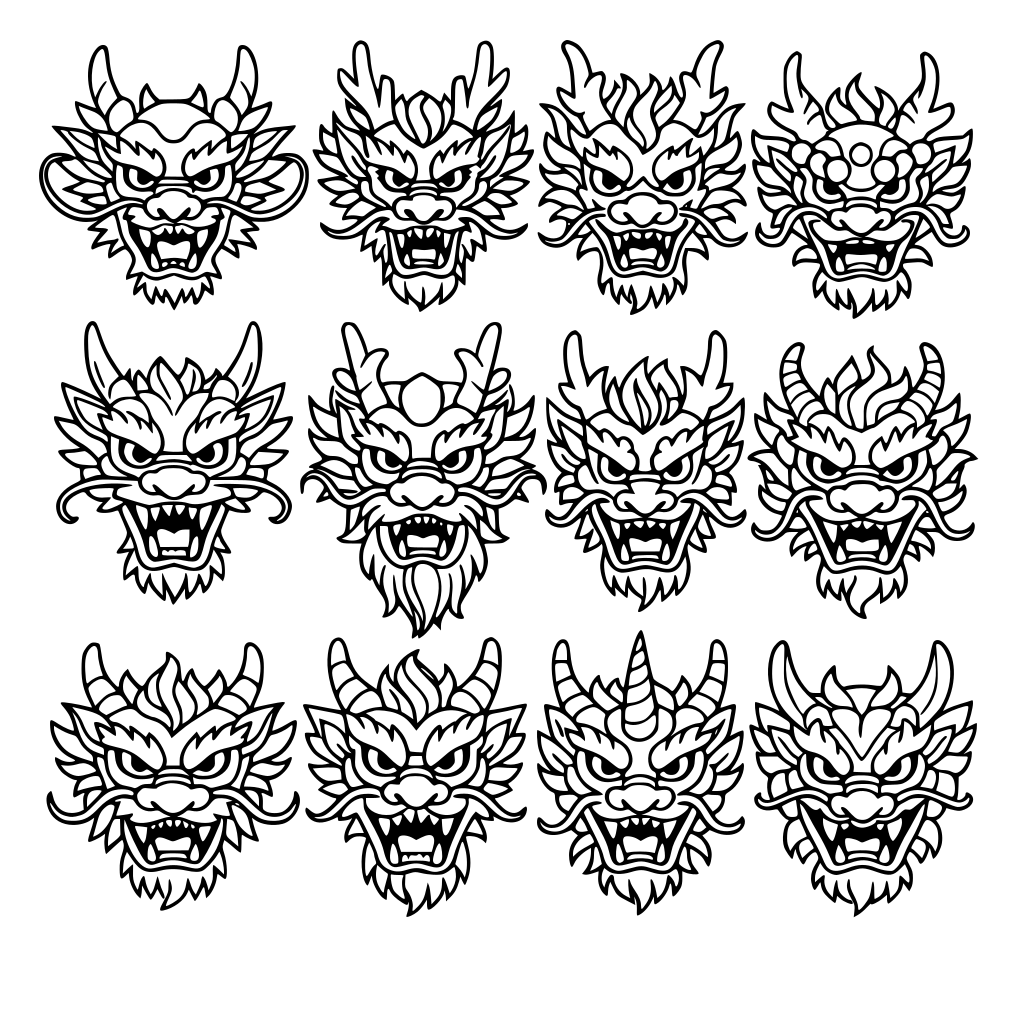 GENERA UN DOCUMENTO CON 12 MÁSCARAS DE DRAGÓN CHINO EN BLANCO Y NEGRO