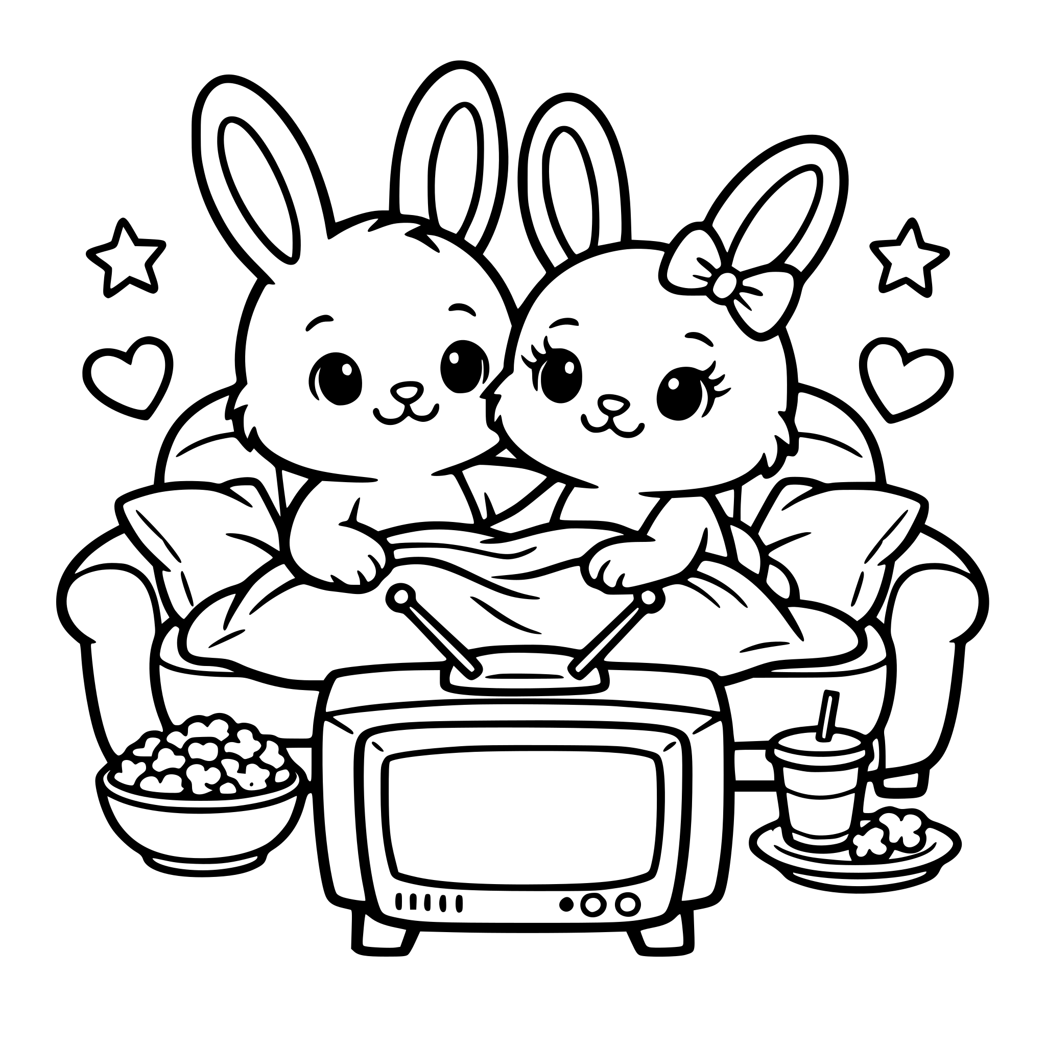 Make an image of cute bunny with his love watching tv