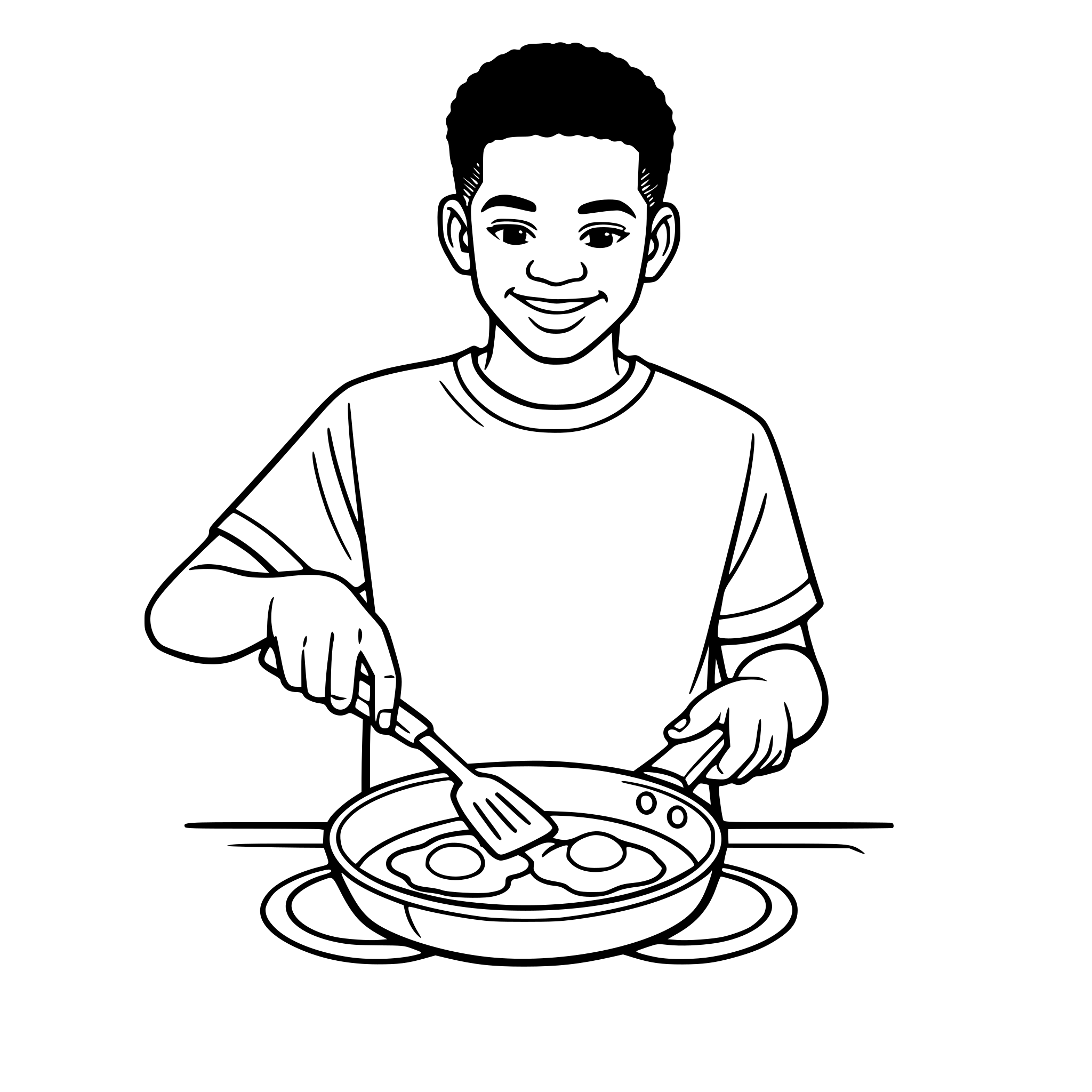 Create an image of a real features teenage african american boy cooking eggs in a pan on the stove in the kitchen. White background, isolated.