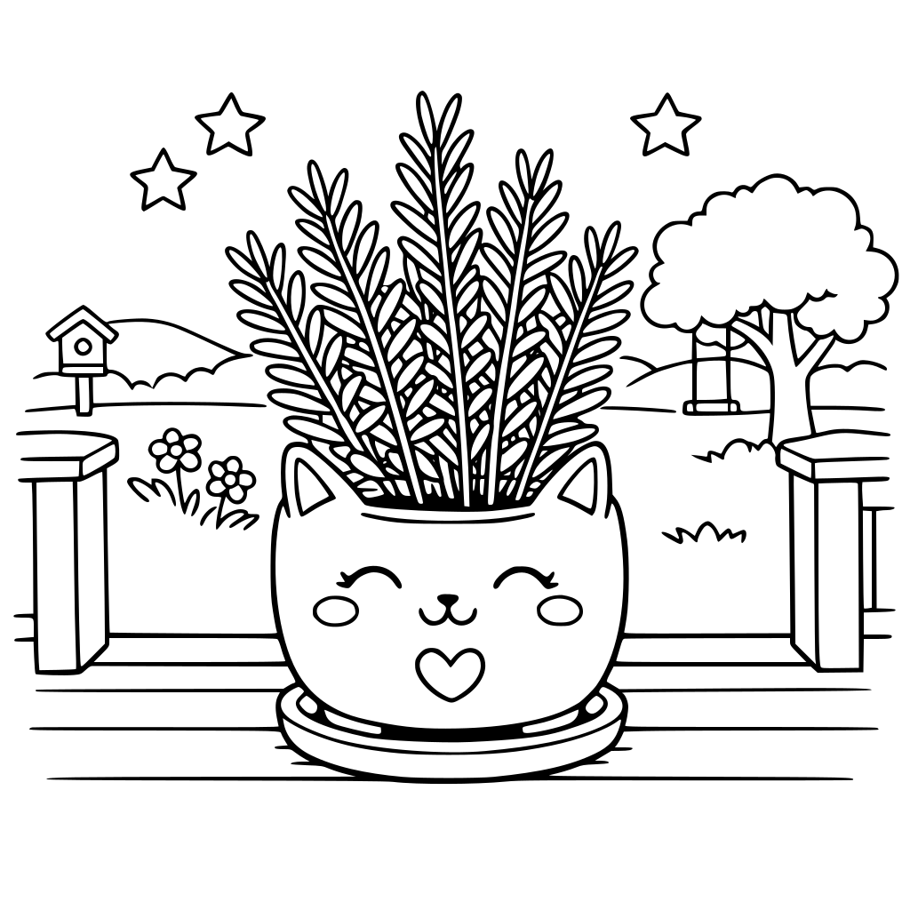 Rosemary in cute planter pot on porch with backyard in background