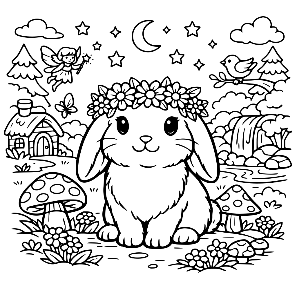 adventures of a lop bunny wearing a flower crown in a fairytale forest