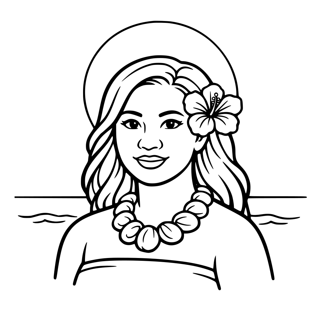 Adult Pacific Islander woman bust portrait, flower behind ear, shell necklace, simple sun circle and ocean horizon behind.