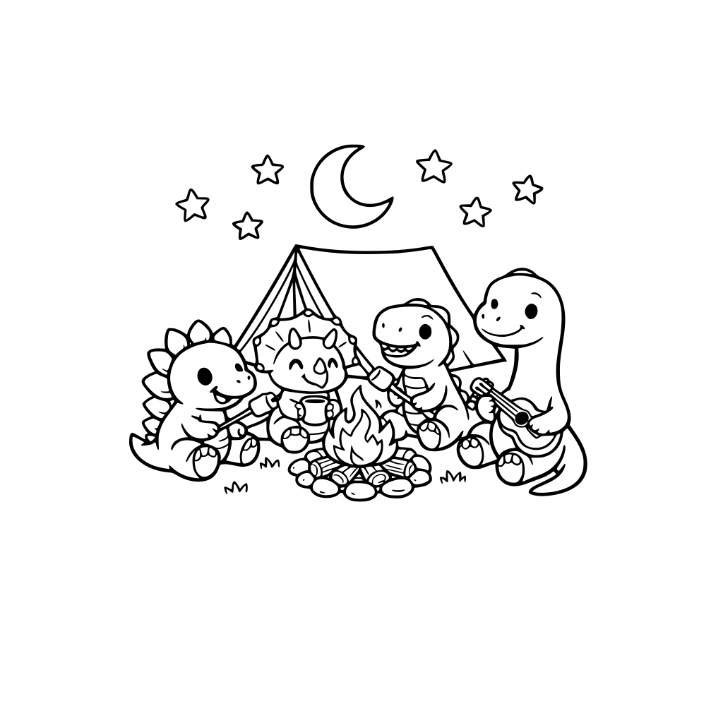 cute dinosaurs sitting around a campfire with a tent