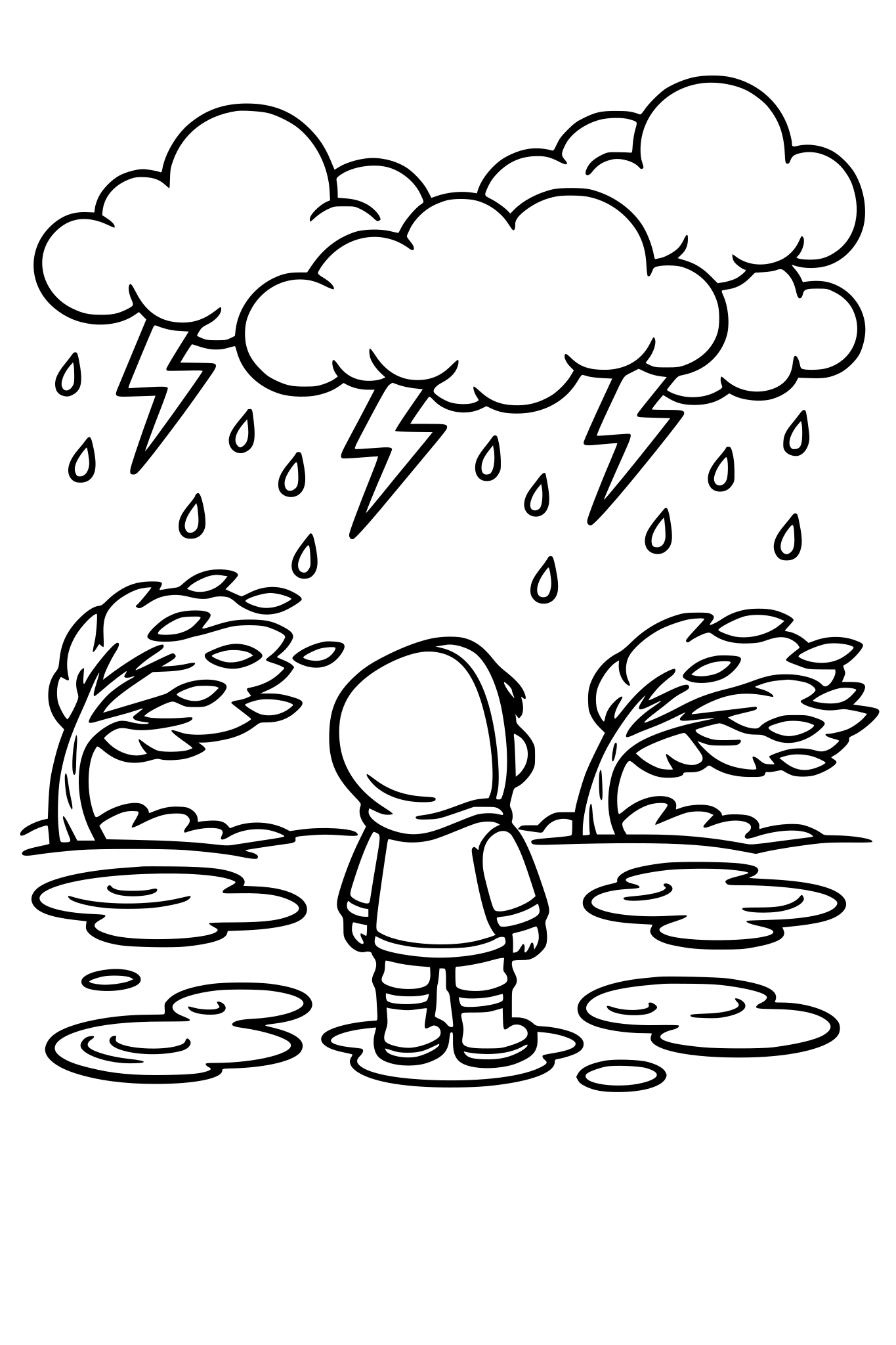cute kids coloring page, child looking at storm clouds with rain and lightning in the sky, puddles on the ground, simple shapes, thick outlines, trees blowing side ways, kids coloring book style, black and white line art