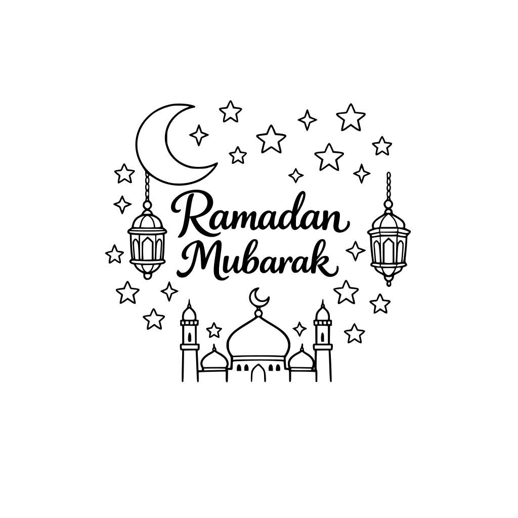 A Ramadan scene: writing in the middle of the page it says Ramadan Mubarak.and around it there are stars and a moon