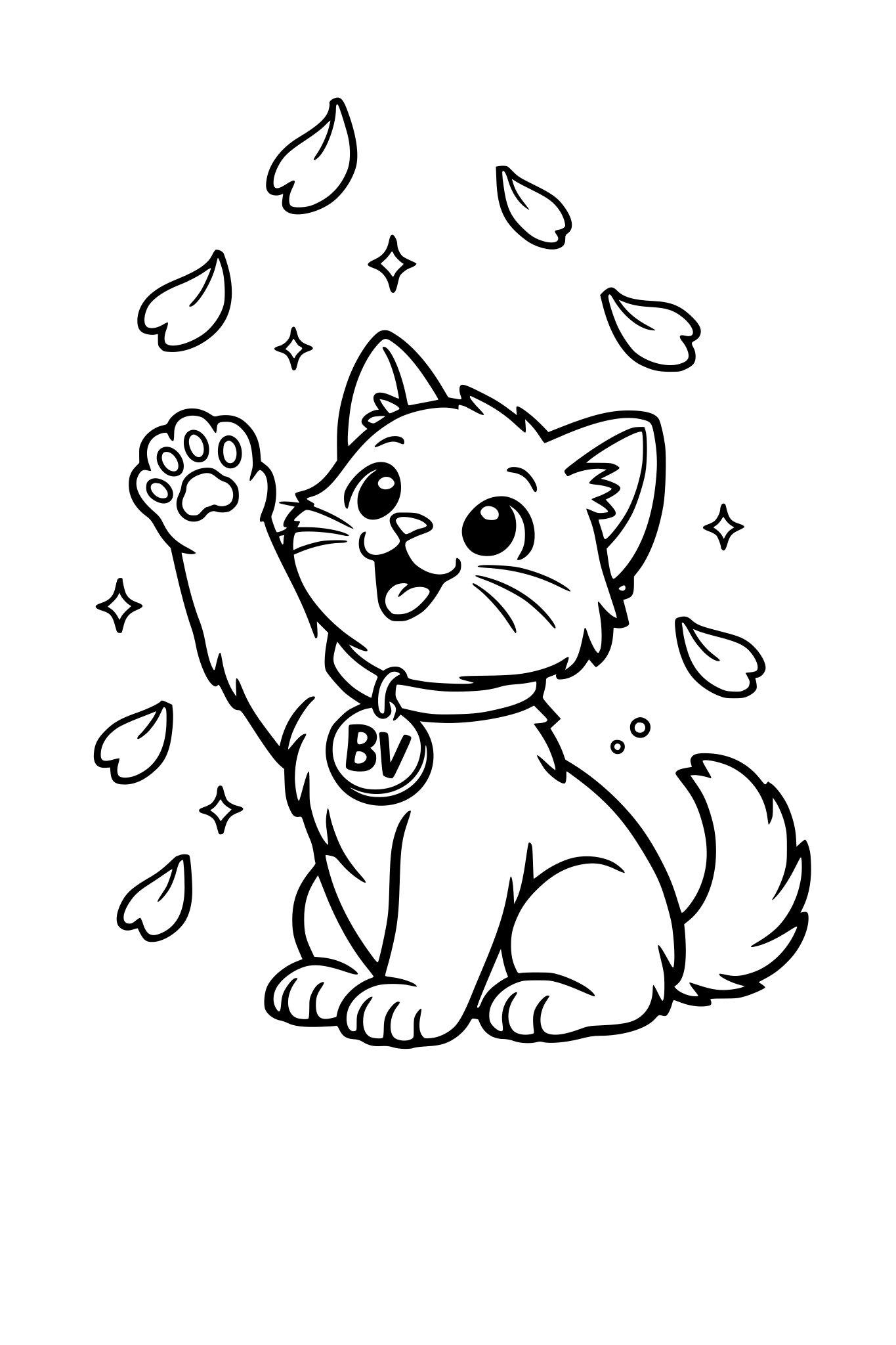 kitten playing with falling flower petals, paw reaching up, simple line art, black and white coloring page, clean bold outlines, minimal background, collar tag with ‘BV’
