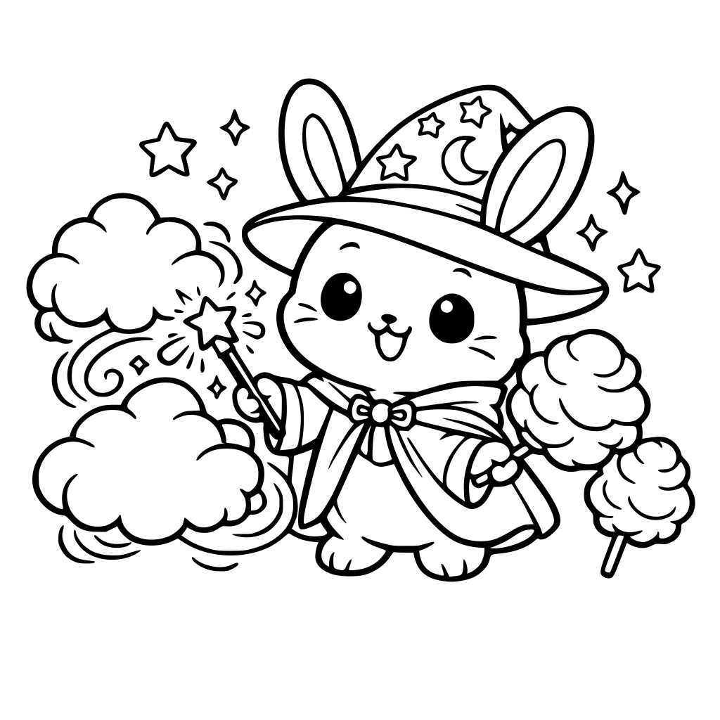 cartoon and kawaii style of bunny wearing magician robe and hat turning clouds into cotton candy — fluffy rounded clouds, pastel swirls.