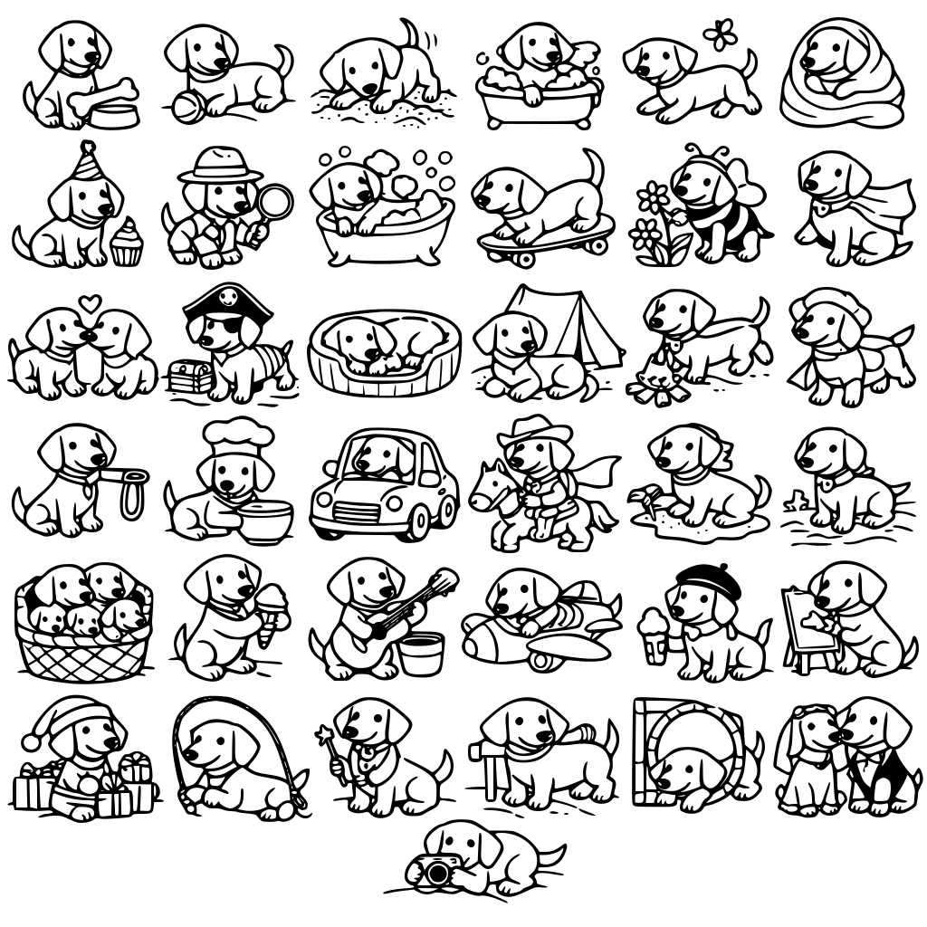 Ich möchte ein Malbuch mit 40 verschiedenen Motiven erstellen. Um die Motive soll es um Dackel gehen. Diese Hunderasse ist derzeit sehr beliebt. Daher entwirf für mich 40 verschiedene Dackelbilder in diversen Situationen.
