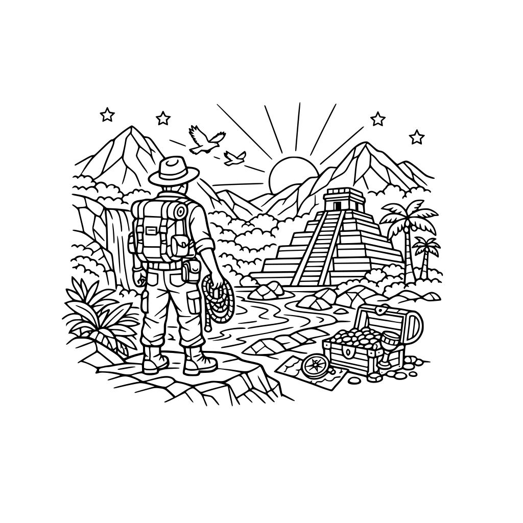 Create colouring book for adults in adventure themes