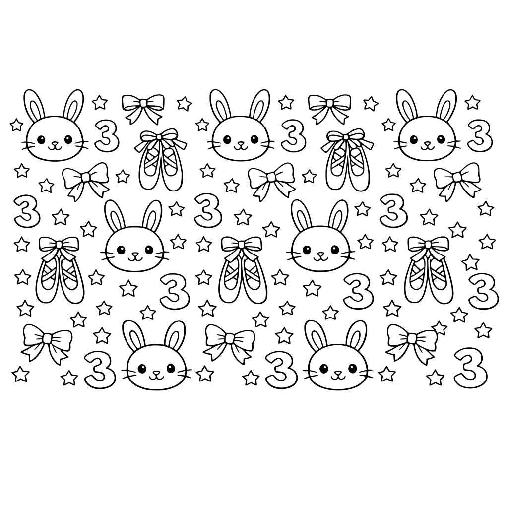 epeating pattern across the entire page: cute bunny faces, ballet slippers, bows, tiny stars, and small number 3 icons, evenly spaced like wallpaper