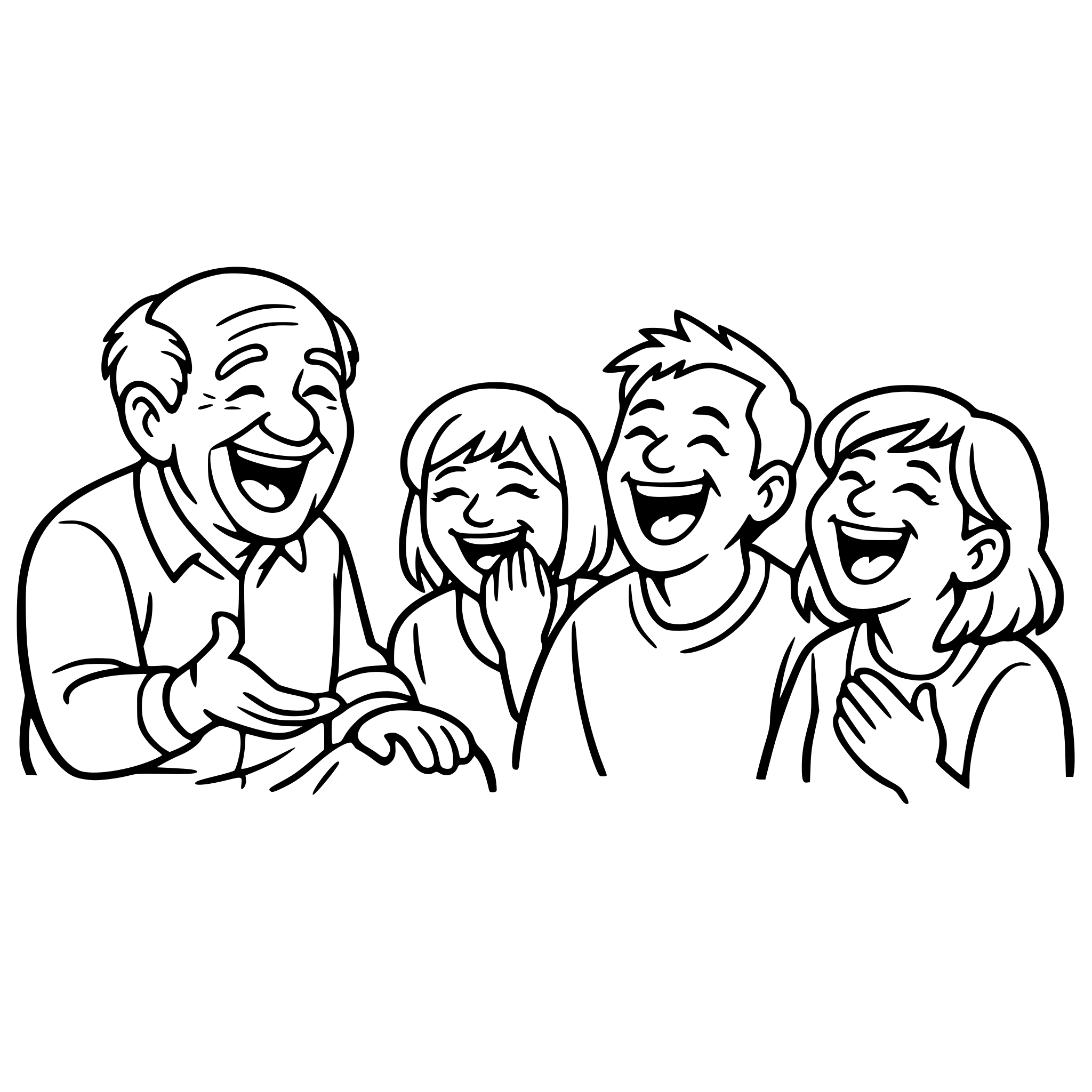 Create an image of a middle age man like a grandpa telling funny jokes. The man laughs. The group of three people who are listening to him also laugh. They have varying facial expressions and eyes and noses. White background, isolated.