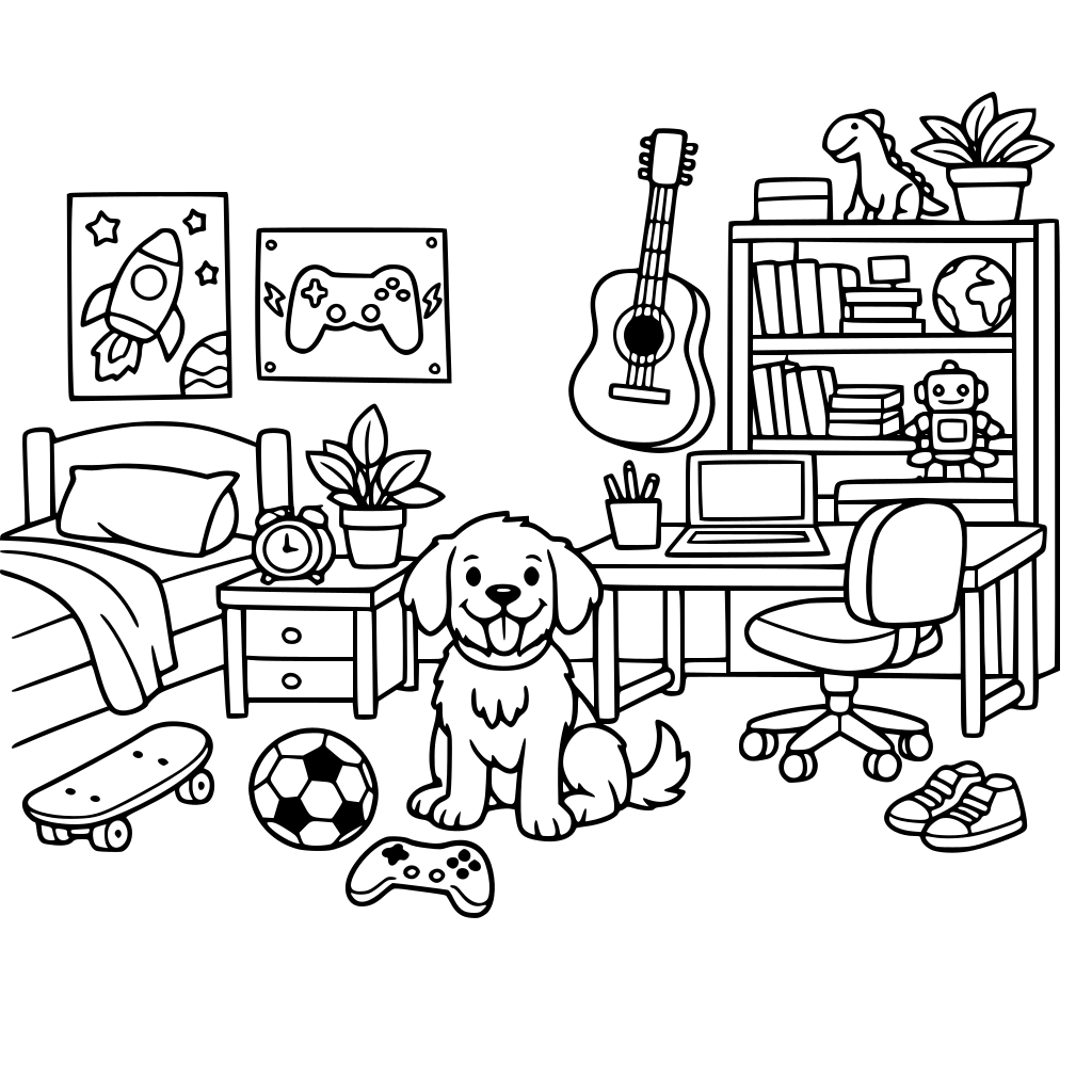 A 10-year-old child's bedroom they can decorate. Include furniture, posters, a bookshelf, a dog, plants, etc. Nothing too babyish.