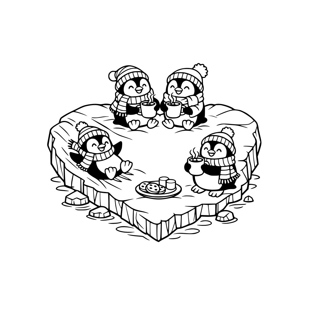 Imagem de pinguins amigáveis brincando em um iceberg em formato de coração usando cachecóis e gorros e tomando chocolate quente.