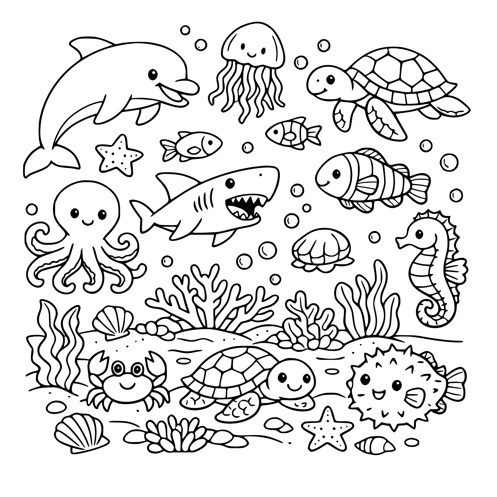 kolorowanka ocean i zwierzęta go zamieszkujące, rośliny w morzu